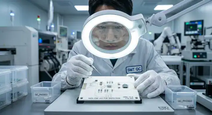 Quality control engineer inspecting a high value white Aluminum Nitride (AlN) ceramic PCB under a magnifying lamp in a clean room cleanup
