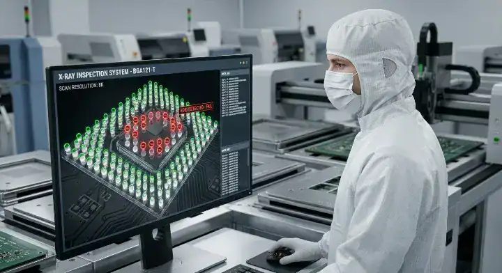 Quality control engineer using 3D automated X ray inspection to verify BGA voiding acceptable limits cleanup