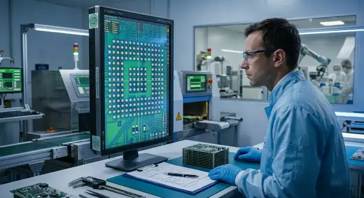 Quality engineer analyzing a 3D X ray report of BGA solder joints to verify strict IPC Class 3 PCB manufacturing compliance cleanup