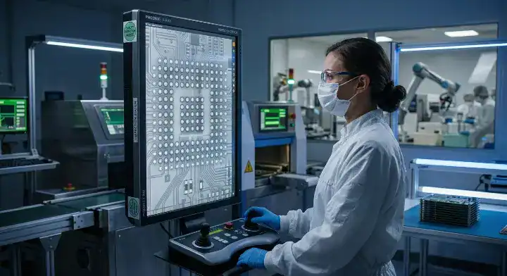 Quality engineer performing X ray inspection on BGA solder joints for an ENIG PCB to ensure zero black pad defects cleanup