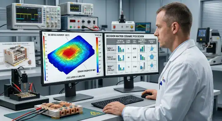 Quality engineer reviewing a thermal simulation matrix to select the best ceramic PCB manufacturing process on a computer cleanup