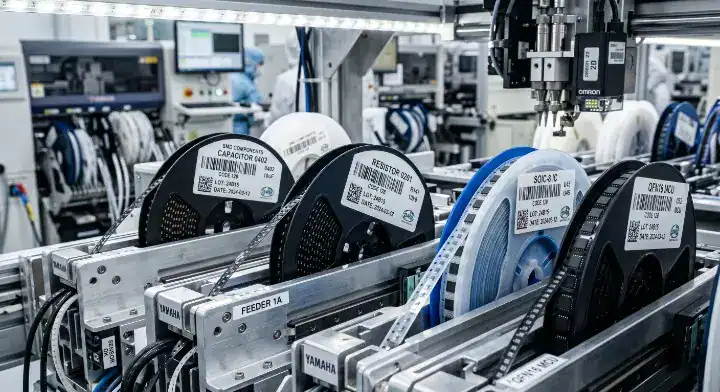 Reels of authentic surface mount electronic components ready for turnkey PCB assembly on a pick and place machine cleanup