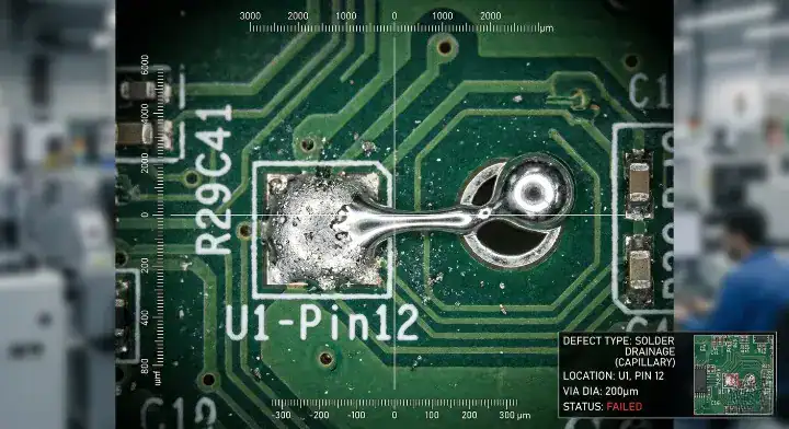 Severe solder wicking defect on a PCB where molten solder drains into an open via due to improper IPC 4761 protection cleanup