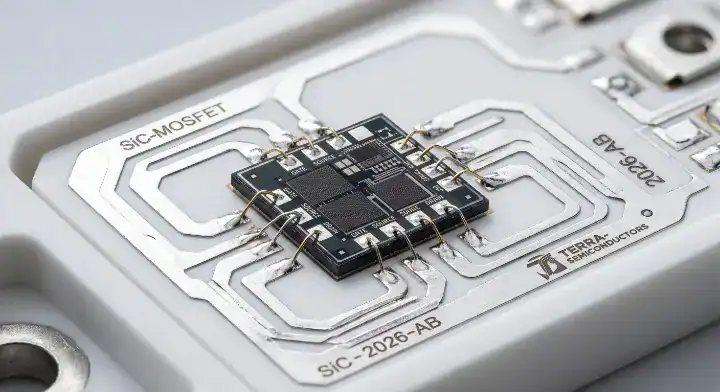 SiC power module substrate Extreme macro shot of a Silicon Carbide MOSFET die bonded directly to a ceramic cooling base cleanup