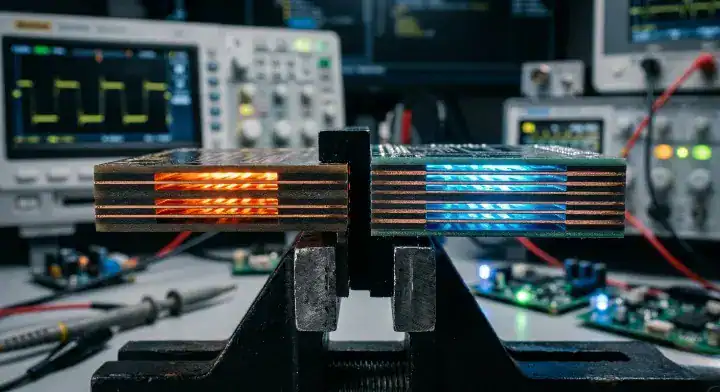 Side by side comparison of a 4 layer vs 6 layer PCB stackup glowing with internal signal routing cleanup
