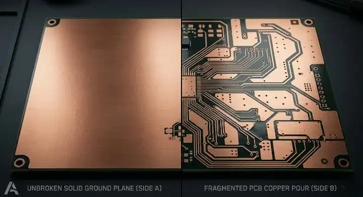 Side by side comparison of a solid ground plane versus a fragmented PCB copper pour on a circuit board cleanup