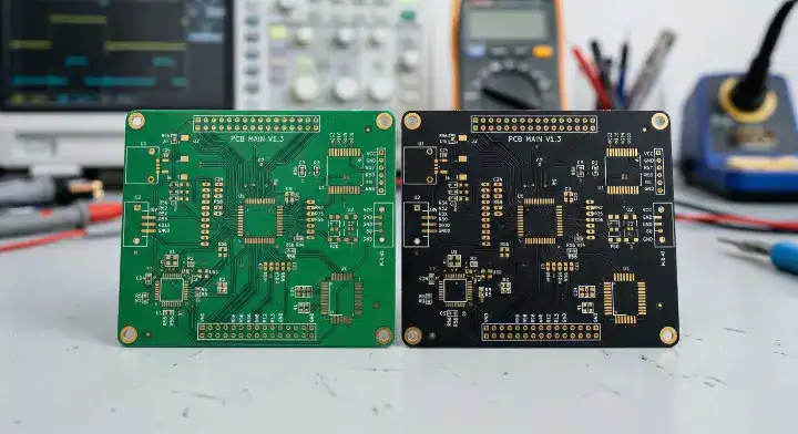 Side by side comparison of green vs black PCB solder mask color showing cost and lead time differences cleanup