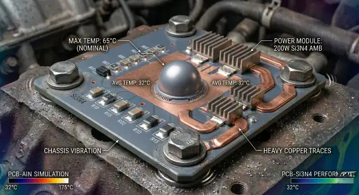 Silicon nitride ceramic PCB mechanical strength A durable substrate bolted to an automotive chassis, demonstrating high fracture toughness against vibration cleanup