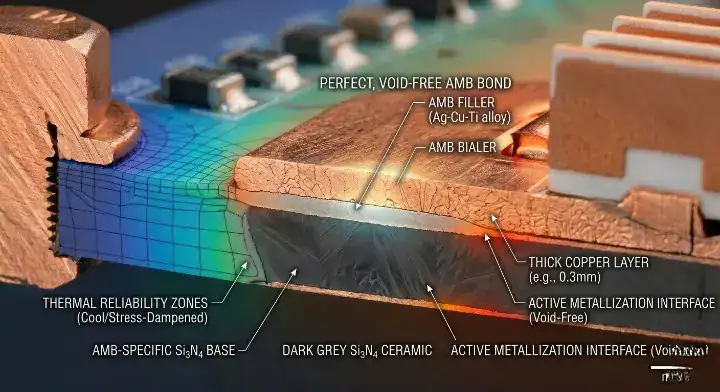 Silicon nitride ceramic PCB metallization Microscopic view of a flawless Active Metal Brazing (AMB) bond between copper and the Si3N4 substrate cleanup