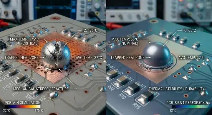 Silicon nitride ceramic PCB vs AlN A visual comparison showing AlN structural cracking and Si3N4 remaining perfectly intact under stress cleanup
