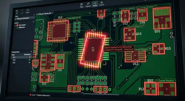 Software screen performing a visual overlay validation to catch 90 degree rotation errors in a centroid file PCB assembly