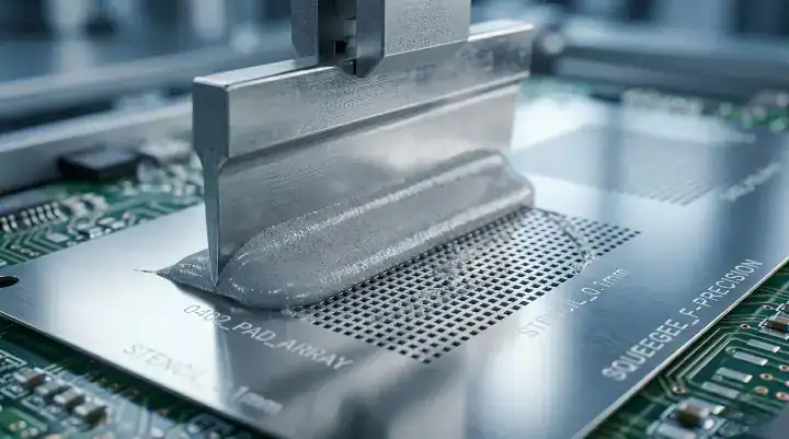 Solder paste printing process using a 11 aperture stencil ratio for 0402 components to prevent tombstoning cleanup