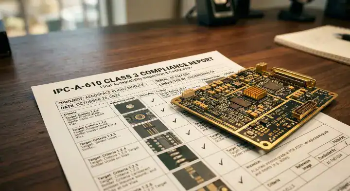 Strict IPC Class 3 compliance report document paired with an aerospace board requiring X ray inspection PCB assembly