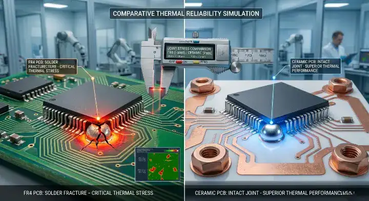 TE mismatch PCB solder joint A visual comparison of a cracked solder joint on FR4 versus a highly reliable joint on a ceramic substrate cleanup