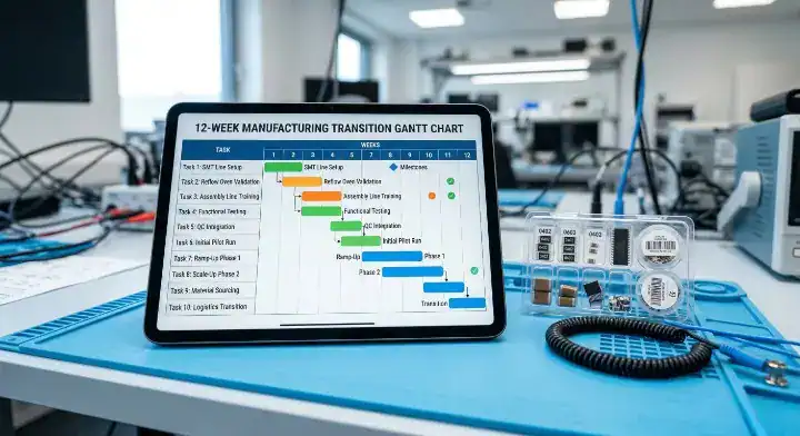 Tablet displaying a 12 week Gantt chart timeline for transferring PCB assembly production to a new CM