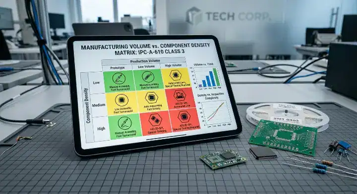 Tablet displaying a colorful decision matrix chart analyzing cost and volume for selective soldering vs wave soldering