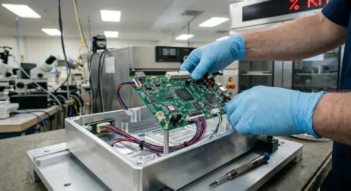 Technician performing box build assembly by installing a PCBA into a custom aluminum enclosure cleanup (1)