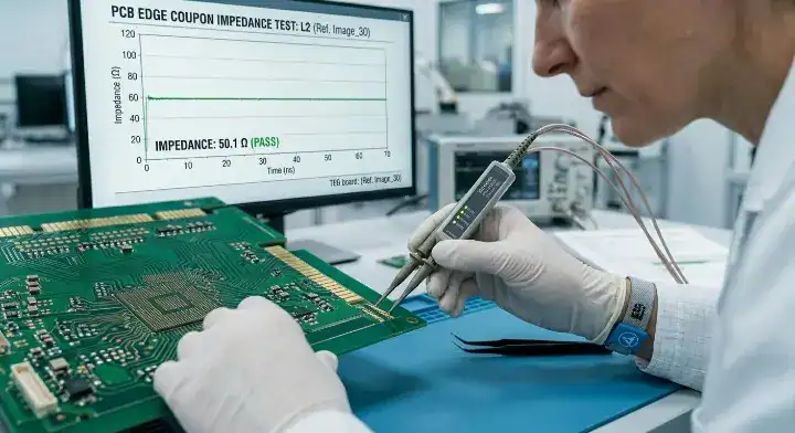 Technician using Polar Instruments TDR machine to verify 50 ohm controlled impedance PCB test coupons