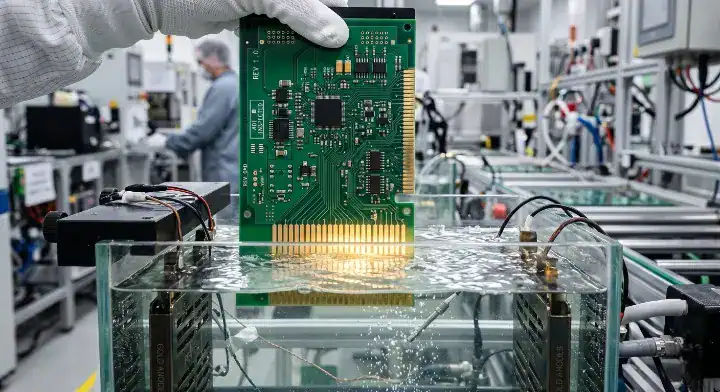 The electroplating manufacturing process of PCB gold fingers showing nickel and hard gold layers cleanup