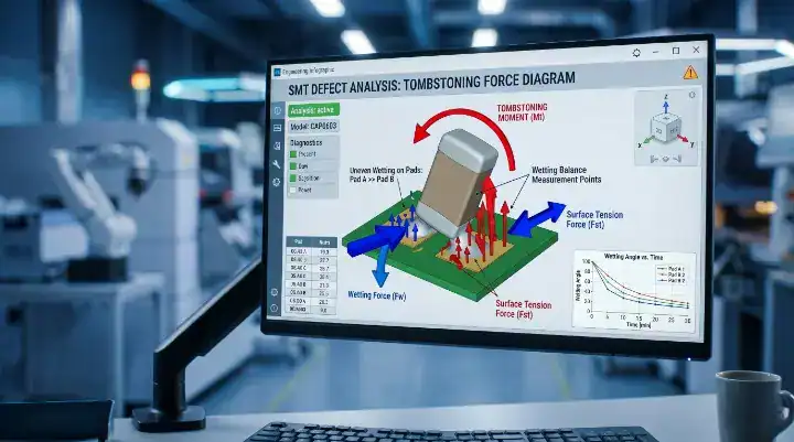 The physics of tombstoning in SMT Infographic showing uneven surface tension and wetting forces on a PCB component cleanup