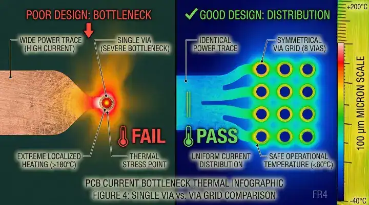 Thermal camera simulation comparing a single bottleneck via overheating versus a parallel via array distributing current safely cleanup