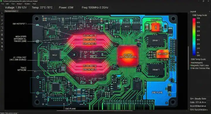 Thermal heatmap visualization of EMI radiation on a 4 layer vs 6 layer PCB with solid ground planes cleanup