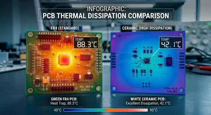 Thermal imaging infographic comparing the superior heat dissipation of a ceramic PCB vs a standard FR4 board cleanup
