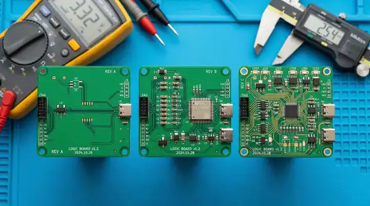 Three PCB prototype iterations on an ESD mat showing the design evolution before a mass production order