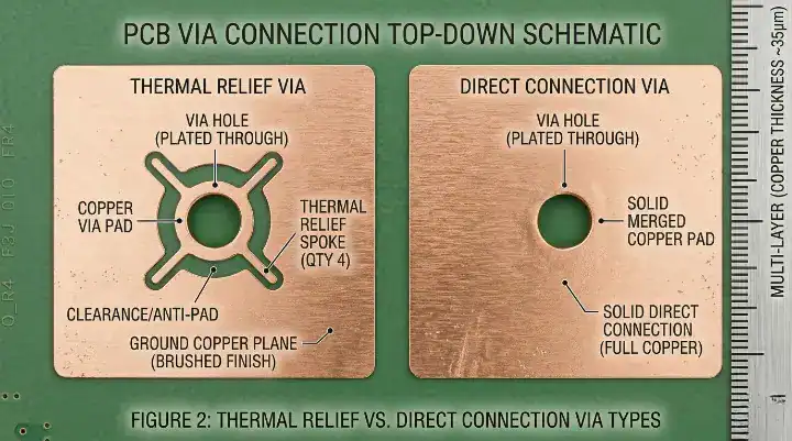 Top down diagram comparing a PCB via with thermal reliefs restricting current versus a solid direct connection for high capacity cleanup