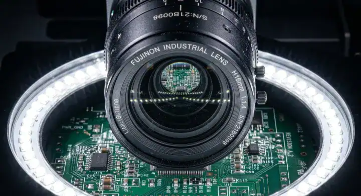 Understanding the AOI full form mechanism A high resolution industrial camera lens inspecting SMT components on a PCB cleanup