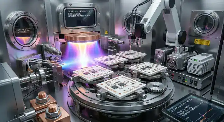 Vacuum sputtering machine applying copper to a substrate, a key metallization step that significantly impacts the ceramic PCB price cleanup