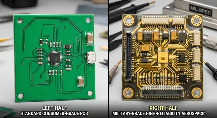 Visual comparison between IPC Class 2 consumer PCB and Class 3 high reliability aerospace PCB cleanup