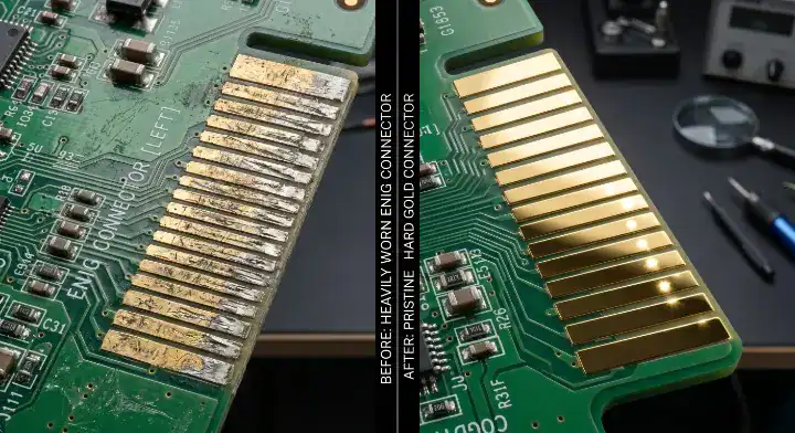 Visual comparison between scratched ENIG plating and highly durable hard gold PCB gold fingers after multiple insertions cleanup