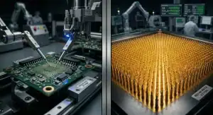 Visual comparison of PCB design for test methods showing a flexible flying probe tester versus a mass production ICT bed of nails fixture cleanup
