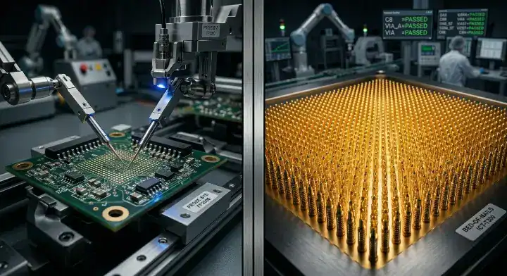 Visual comparison of PCB design for test methods showing a flexible flying probe tester versus a mass production ICT bed of nails fixture cleanup