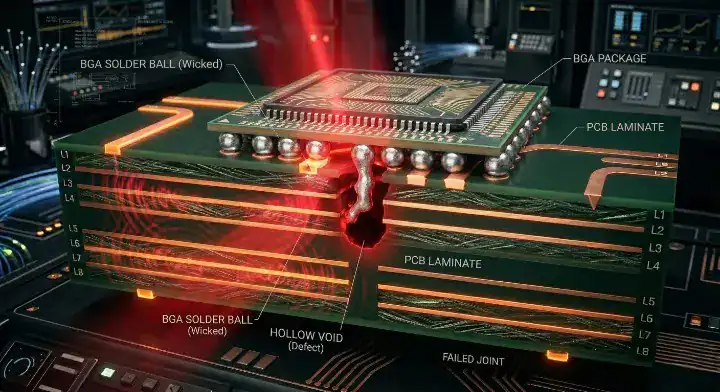 X Ray view of a BGA solder joint failure caused by missing VIPPO epoxy fill in an HDI PCB design