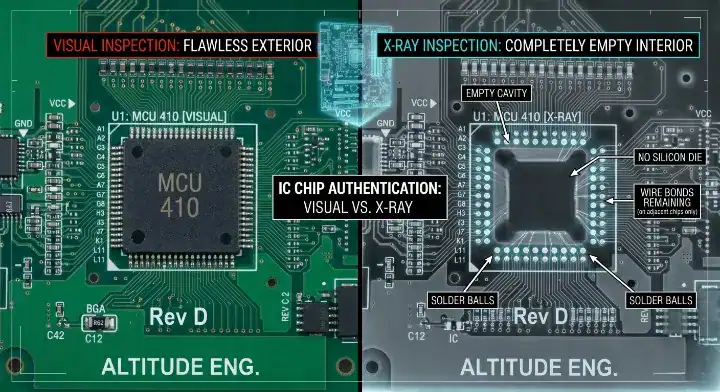 X ray inspection revealing an empty fake IC in counterfeit components PCB assembly cleanup