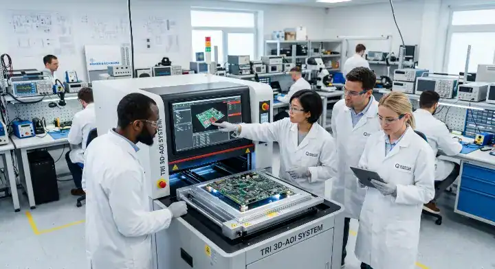 are engineers inspecting a multi layer PCB using AOI machine for IPC standards compliance cleanup