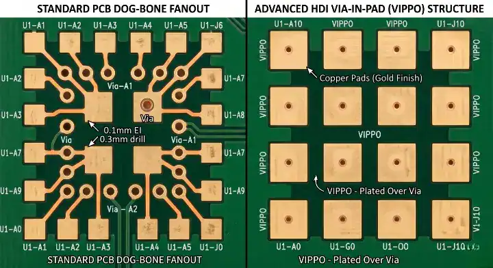 fine pitch bga fanout hdi pcb dog bone vs vippo cleanup