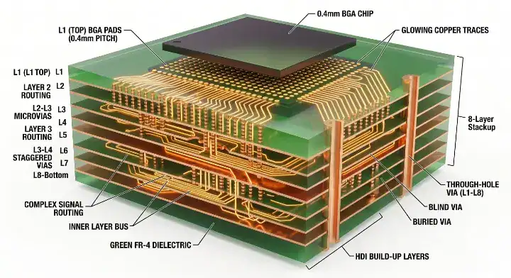 fine pitch bga fanout hdi pcb staggered microvias cleanup