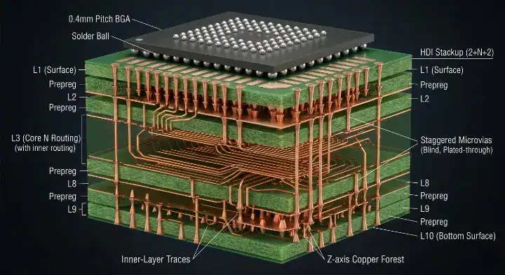 hdi stackup types 2+N+2 architecture routing a fine pitch BGA with staggered microvias cleanup