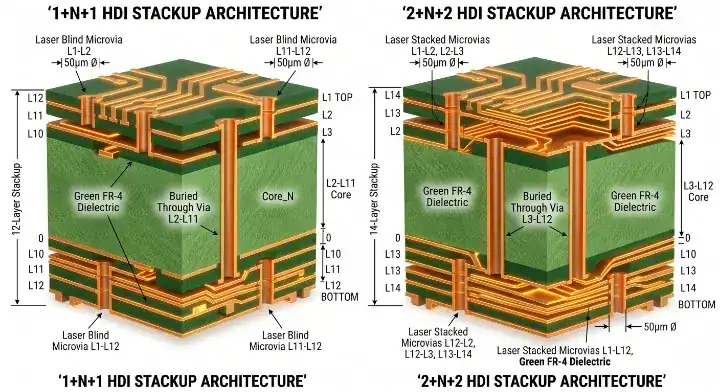 hdi stackup types 3D cross section illustrating IPC 2226 structural classifications cleanup
