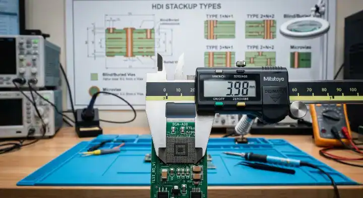 hdi stackup types digital caliper measuring BGA pitch to determine buildup architecture cleanup