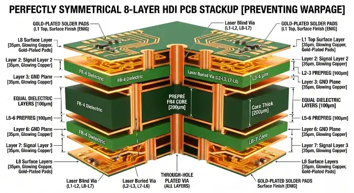 hdi stackup types perfectly symmetrical HDI board construction to prevent warpage cleanup