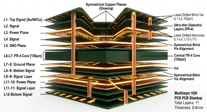 when to use hdi pcb 3D cutaway of perfectly symmetrical HDI stackup and dielectric materials cleanup