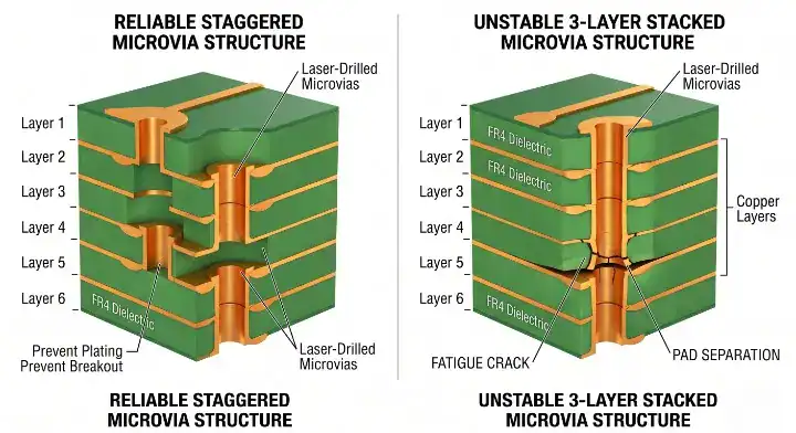 when to use hdi pcb 3D rendering comparing staggered and stacked microvias with annular ring teardrops cleanup