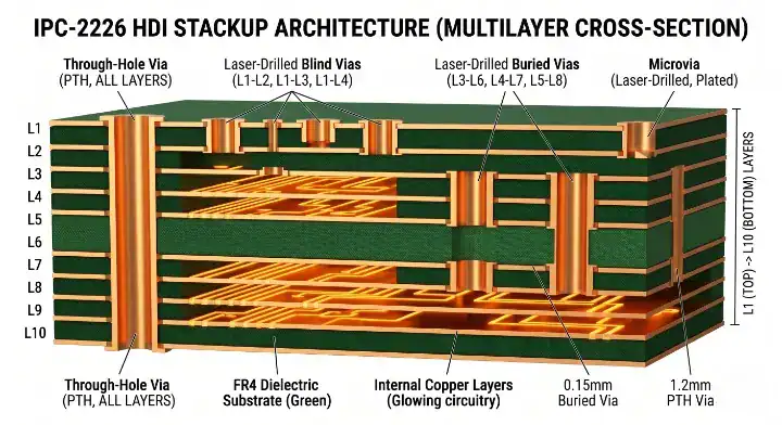 when to use hdi pcb 3D technical illustration of IPC 2226 HDI stackup architecture and blind vias cleanup