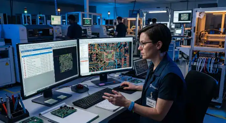 when to use hdi pcb CAM engineer reviewing HDI PCB DFM checklist on dual monitors cleanup