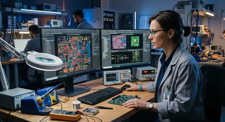 when to use hdi pcb hardware engineer examining high density board layout on dual monitors cleanup
