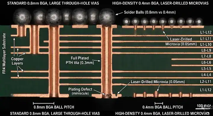 when to use hdi pcb microscopic cross section comparing standard vias and HDI microvias for BGA cleanup
